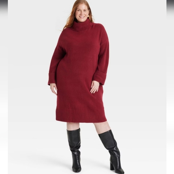 Women's Long Sleeve Cozy Knitted Midi Sweater Dress - Ava & Viv Cherry Red XXL - Picture 1 of 15